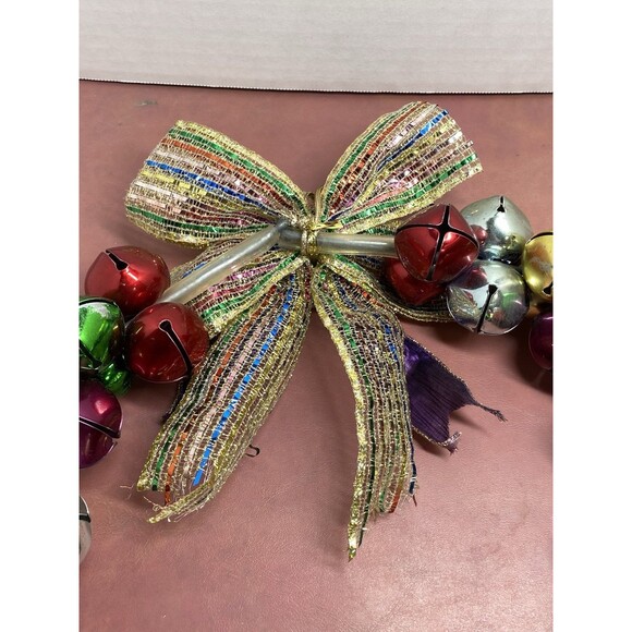 Vintage Christmas Jingle Bells Ribbons 13" Wreath Purple Gold Green Red & Silver - Picture 10 of 16